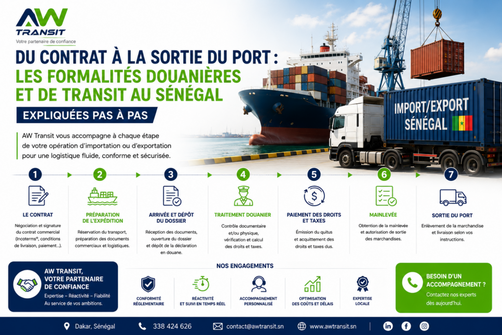 Au Sénégal, une opération d’importation ou de transit ne se joue pas seulement au moment où le conteneur arrive au port. Tout commence dès la signature du contrat commercial et se poursuit à travers une chaîne de formalités douanières, documentaires et logistiques. Mal maîtrisées, ces étapes peuvent entraîner blocages, surcoûts et tensions avec les partenaires. Bien gérées, elles permettent de réduire les délais, sécuriser les marchandises et optimiser les coûts.